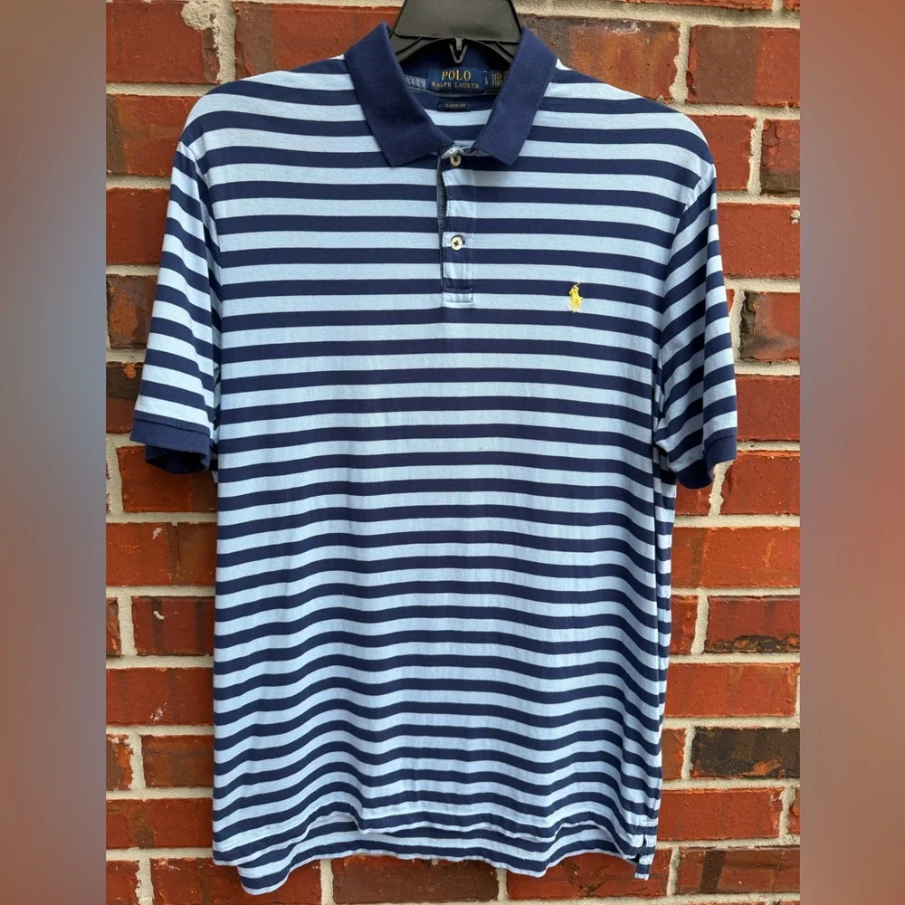 Polo Ralph Lauren Navy & Light Blue Striped Classic Fit Large Golf Polo Shirt T8